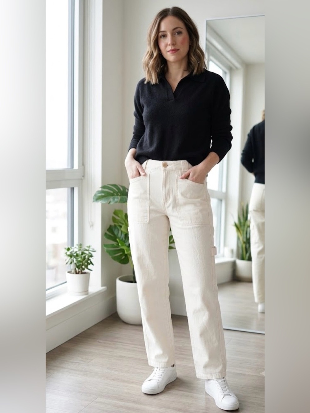 Zara Cream Straight-Leg Utility Pants size 04